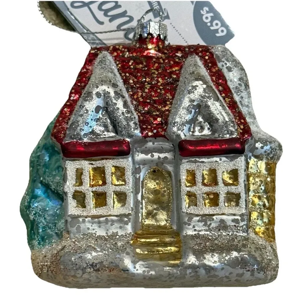 Vintage House Christmas Ornament Glass Glittered 4
